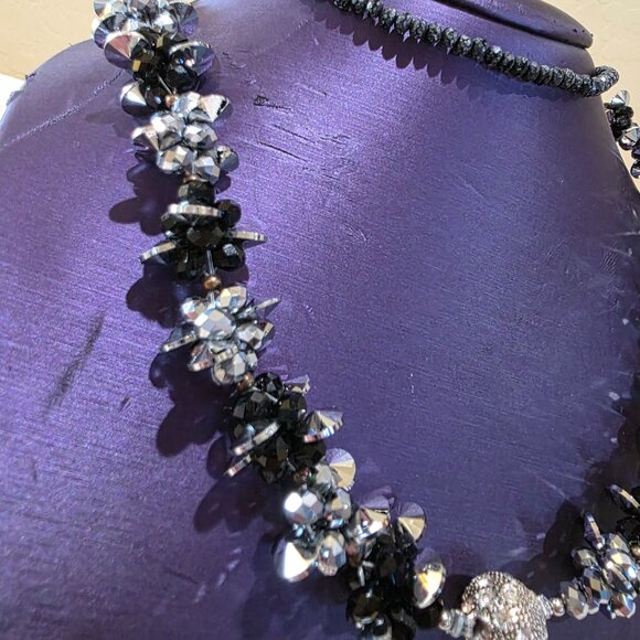 Vintage Black Silver Crystal Bead 3 Piece Convertible Statement Runway Necklace - Picture 14 of 17